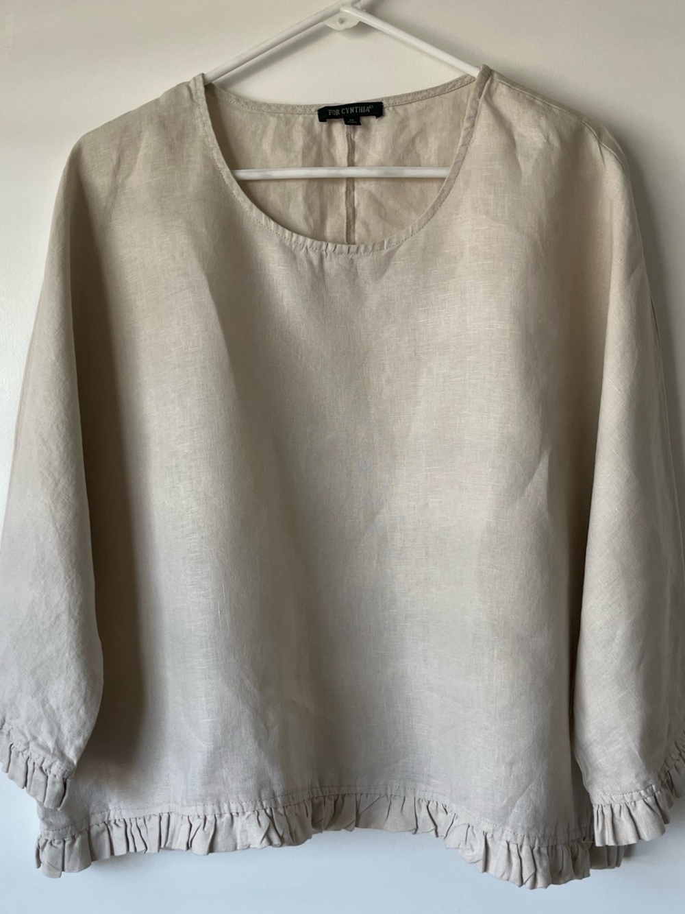 For Cynthia Cream Ruffle-Hem Linen Blouse